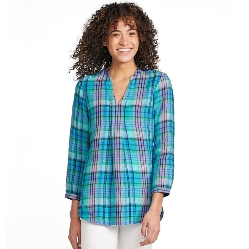 L.L.Bean 100% Linen Premium Washable Linen Long Tunic Top Plaid Small